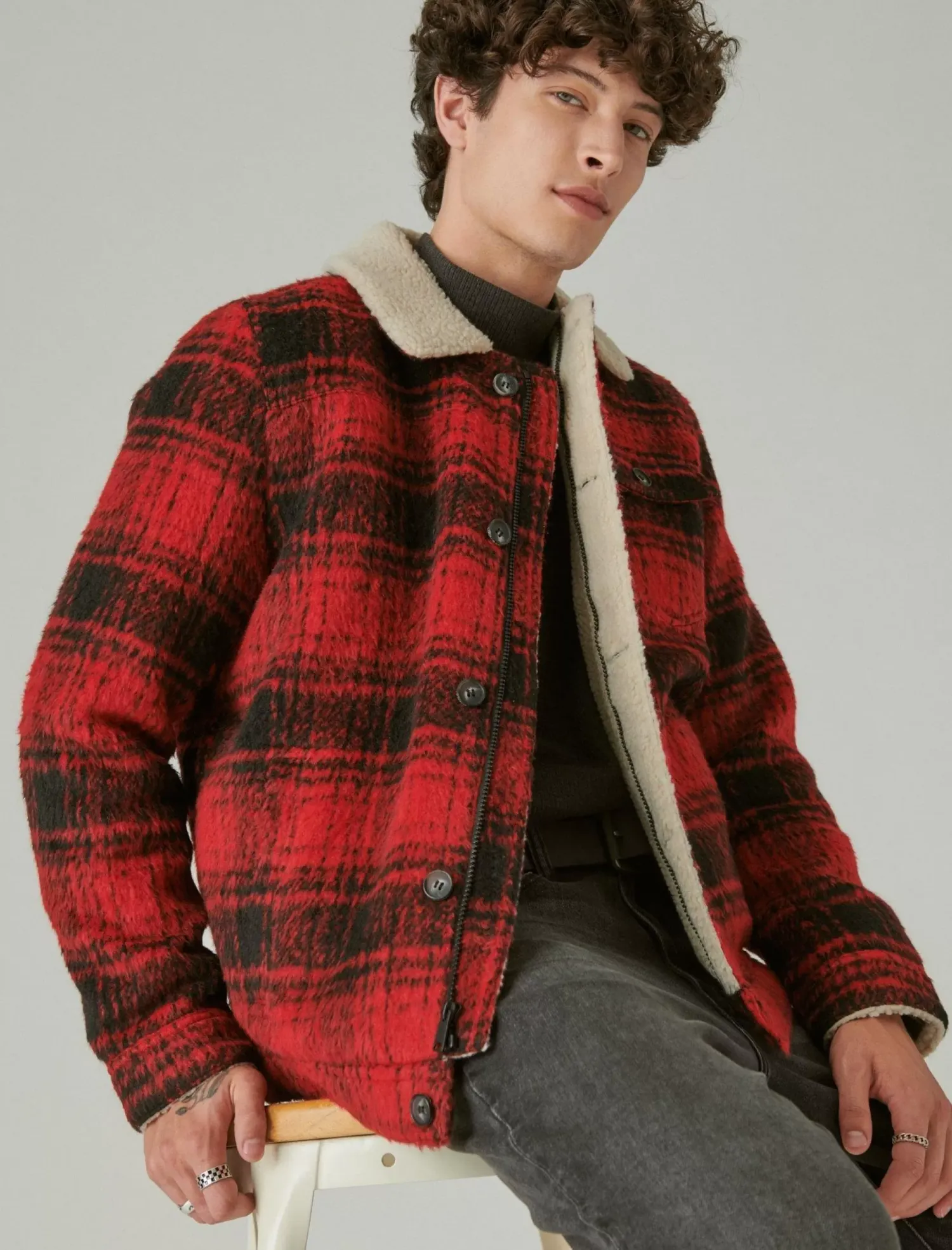 Lucky Brand plaid faux shearling lined trucker jacket red plaid*MEN Jackets & Outerwear
