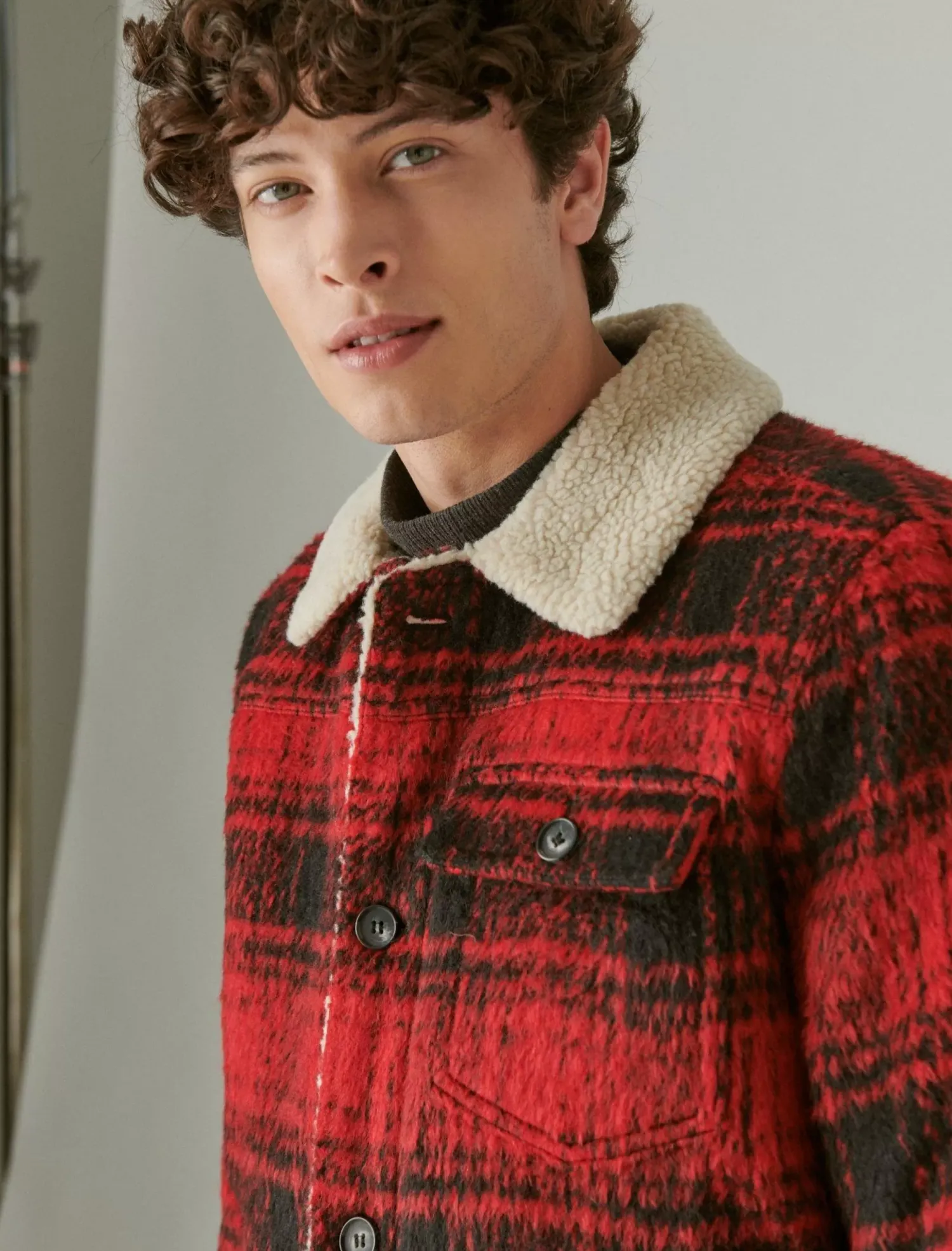 Lucky Brand plaid faux shearling lined trucker jacket red plaid*MEN Jackets & Outerwear
