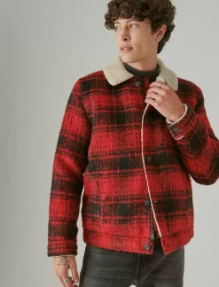 Lucky Brand plaid faux shearling lined trucker jacket red plaid*MEN Jackets & Outerwear