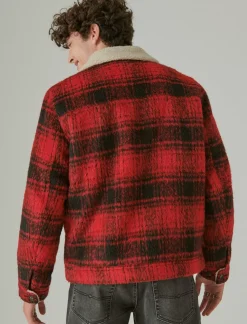 Lucky Brand plaid faux shearling lined trucker jacket red plaid*MEN Jackets & Outerwear