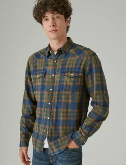 Lucky Brand plaid indigo western long sleeve shirt green plaid*MEN Button-Downs