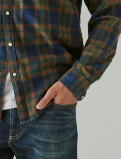Lucky Brand plaid indigo western long sleeve shirt green plaid*MEN Button-Downs