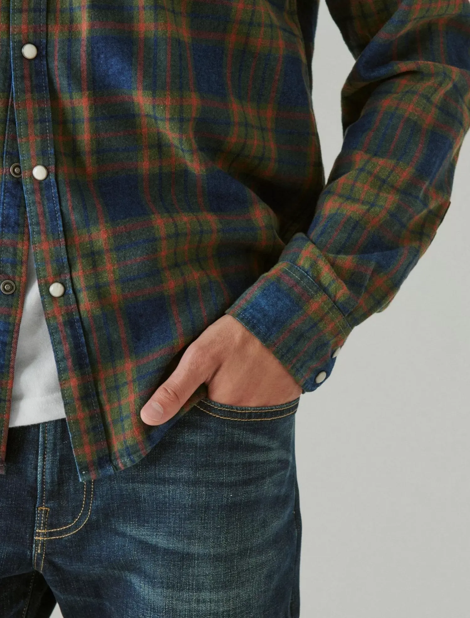 Lucky Brand plaid indigo western long sleeve shirt green plaid*MEN Button-Downs