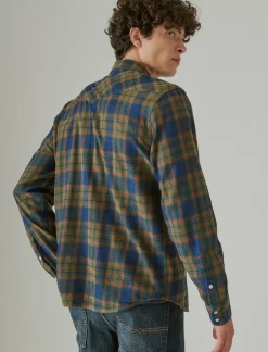 Lucky Brand plaid indigo western long sleeve shirt green plaid*MEN Button-Downs