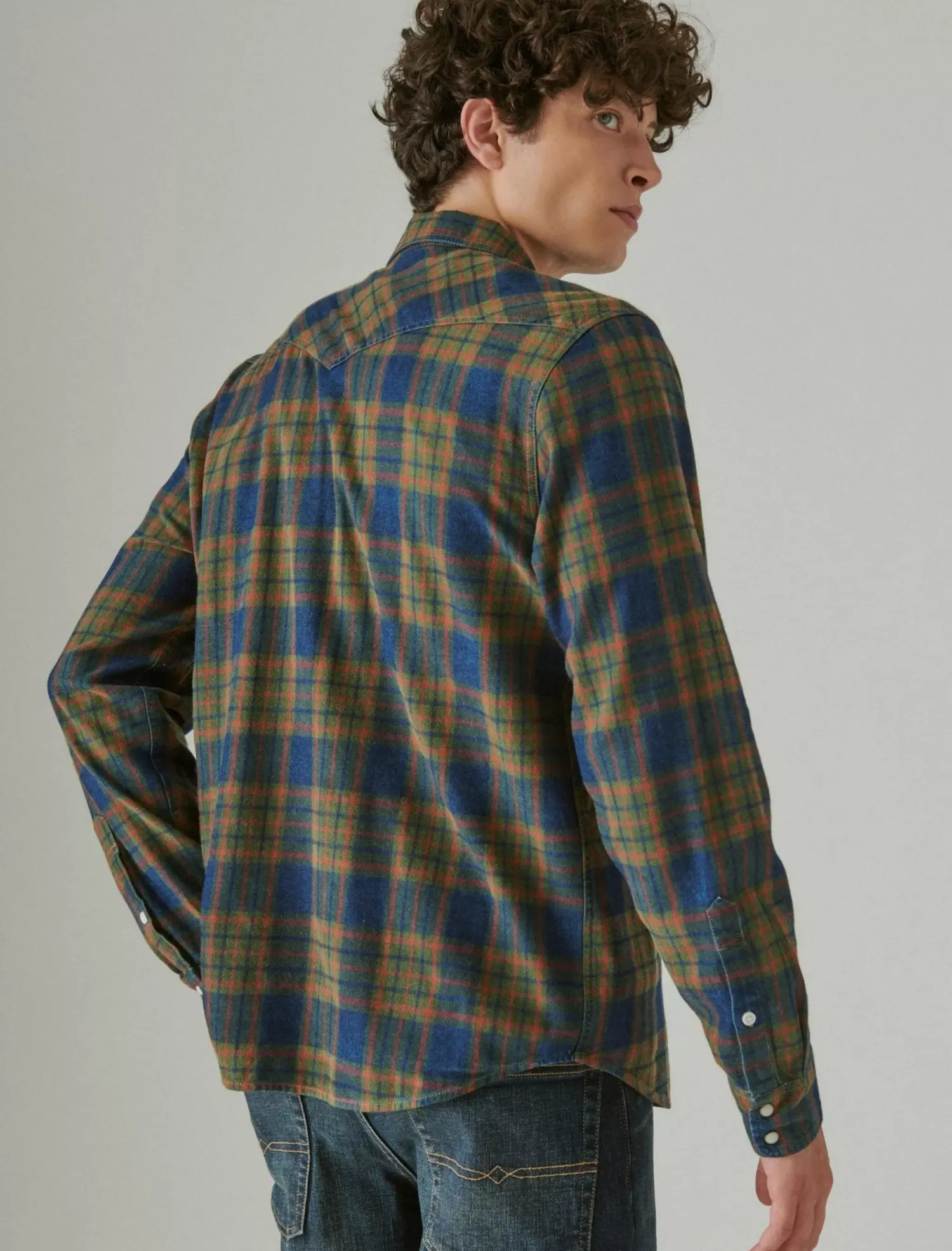 Lucky Brand plaid indigo western long sleeve shirt green plaid*MEN Button-Downs