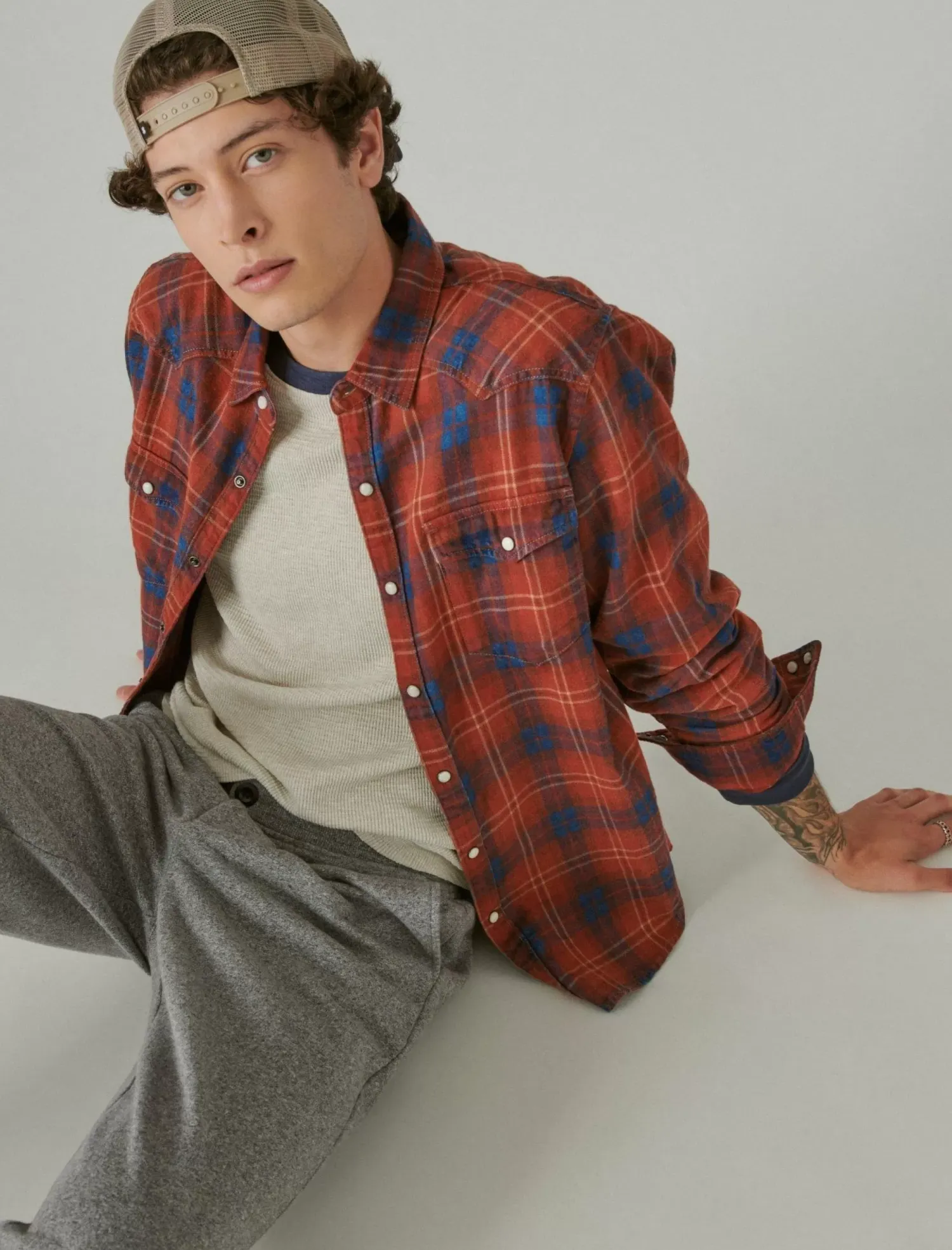 Lucky Brand plaid indigo western long sleeve shirt red plaid*MEN Button-Downs