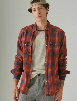 Lucky Brand plaid indigo western long sleeve shirt red plaid*MEN Button-Downs