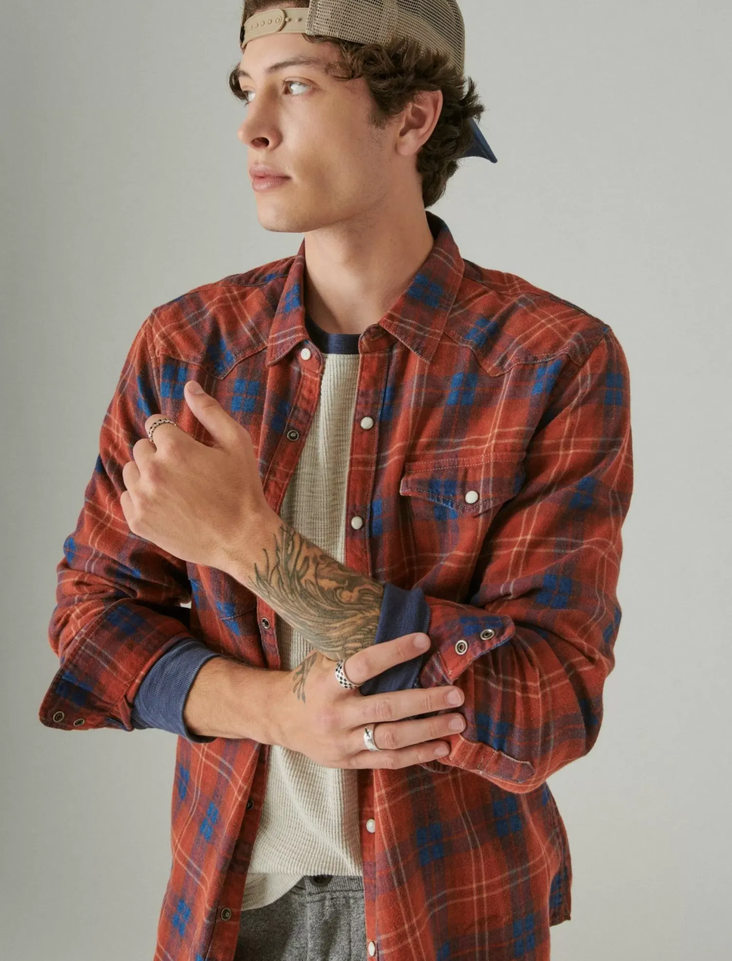 Lucky Brand plaid indigo western long sleeve shirt red plaid*MEN Button-Downs