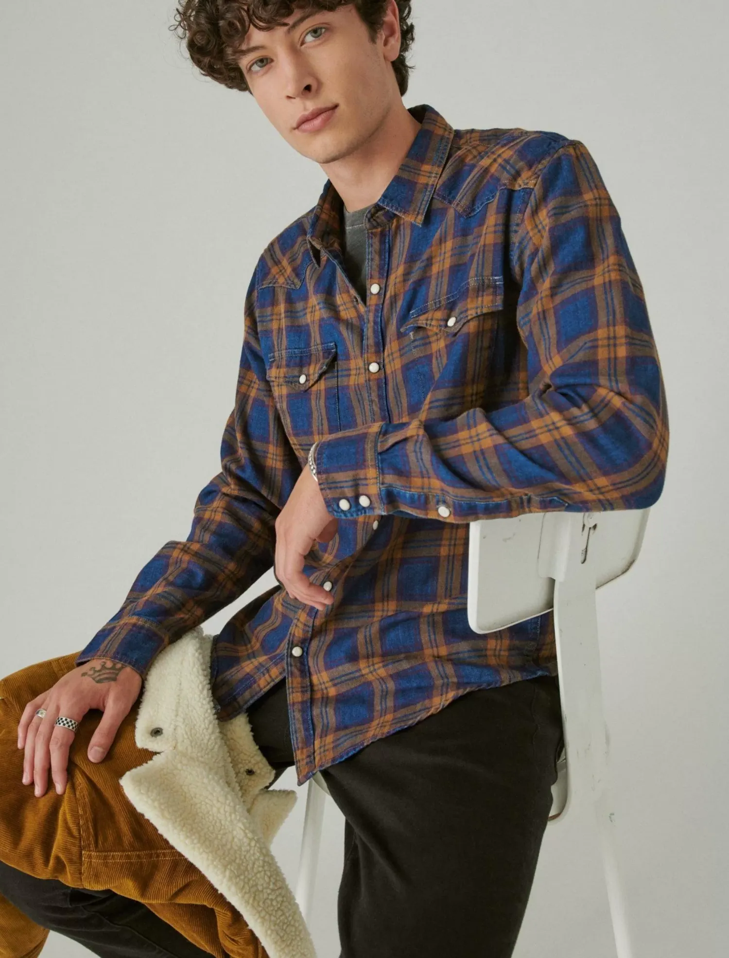 Lucky Brand plaid indigo western long sleeve shirt indigo plaid*MEN Button-Downs