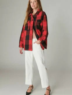 Lucky Brand plaid oversized shirt jacket red multi*WOMEN Jackets & Outerwear