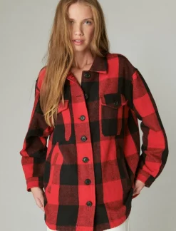 Lucky Brand plaid oversized shirt jacket red multi*WOMEN Jackets & Outerwear