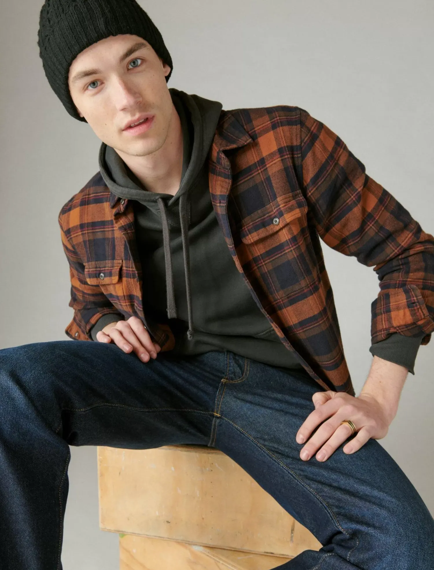 Lucky Brand plaid utility cloud soft long sleeve flannel navy/orange*MEN Button-Downs