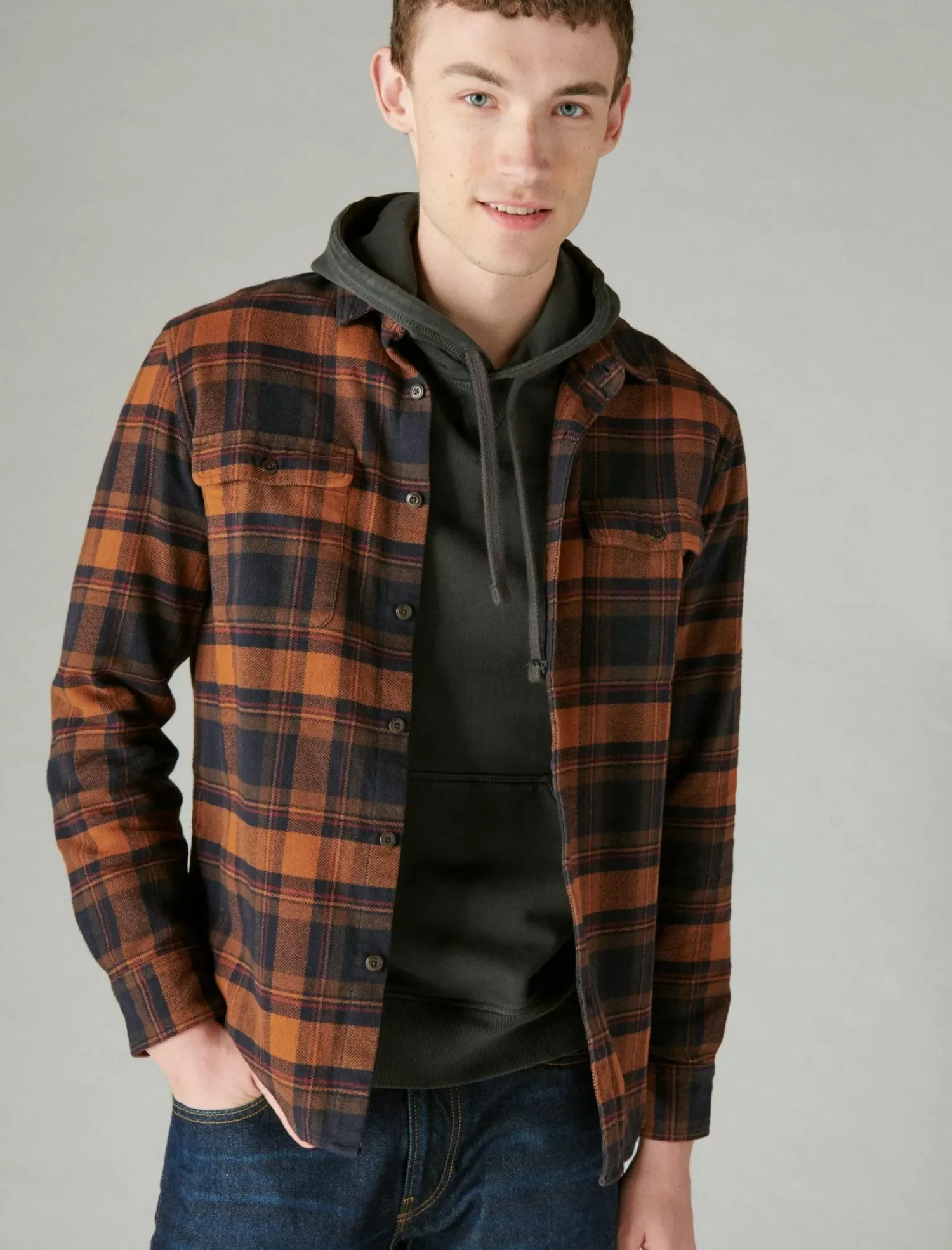 Lucky Brand plaid utility cloud soft long sleeve flannel navy/orange*MEN Button-Downs