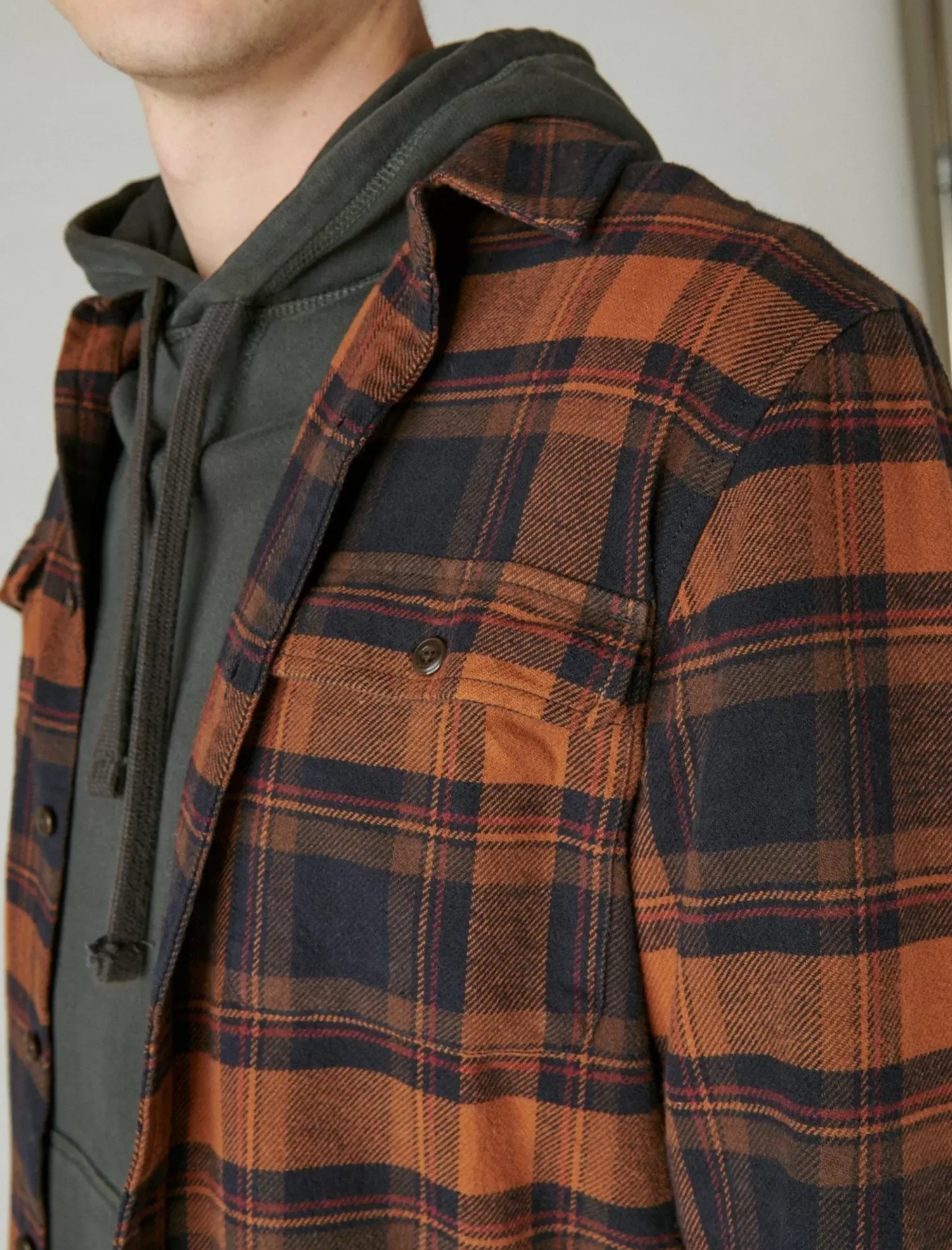 Lucky Brand plaid utility cloud soft long sleeve flannel navy/orange*MEN Button-Downs