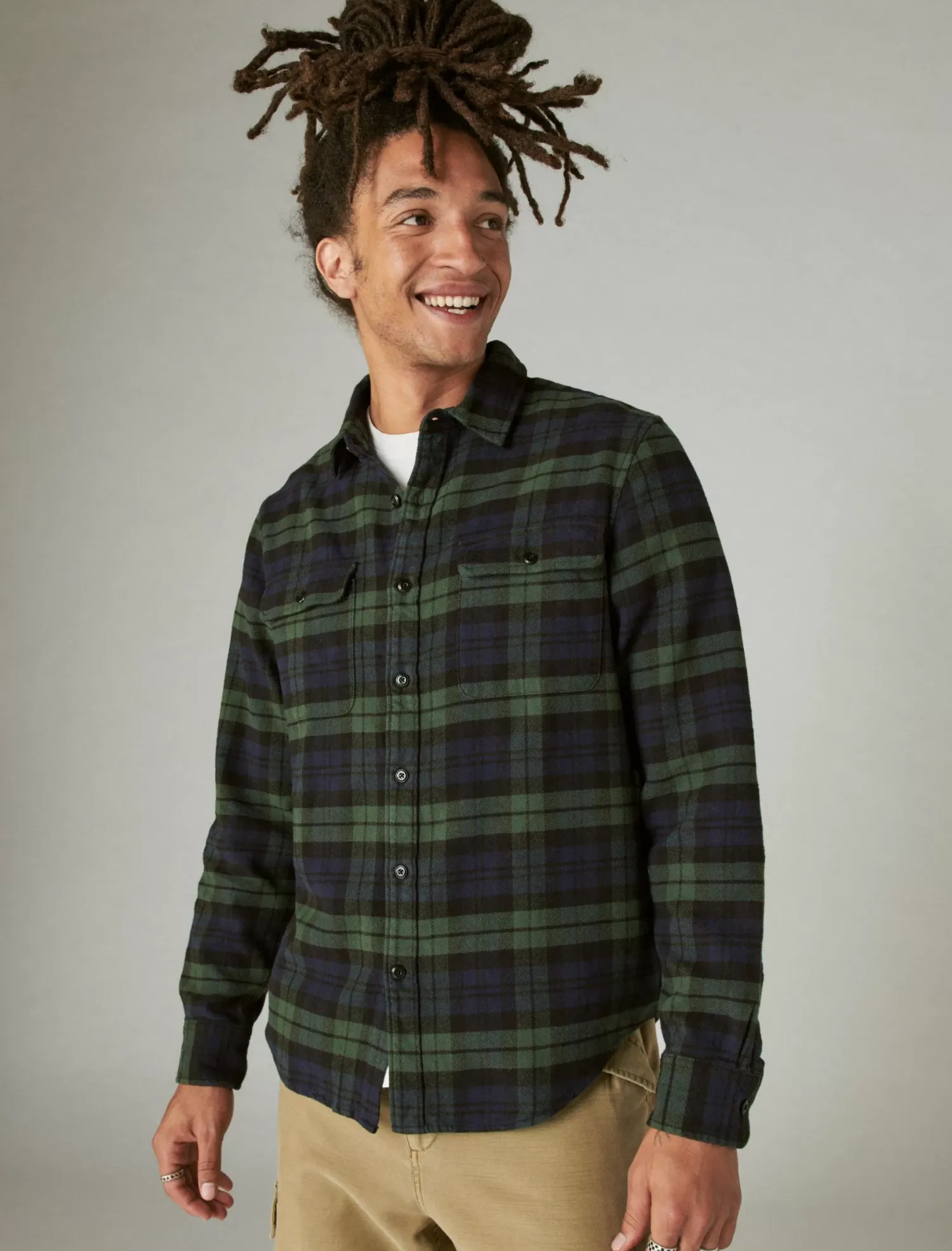 Lucky Brand plaid utility cloud soft long sleeve flannel navy / green plaid*MEN Button-Downs