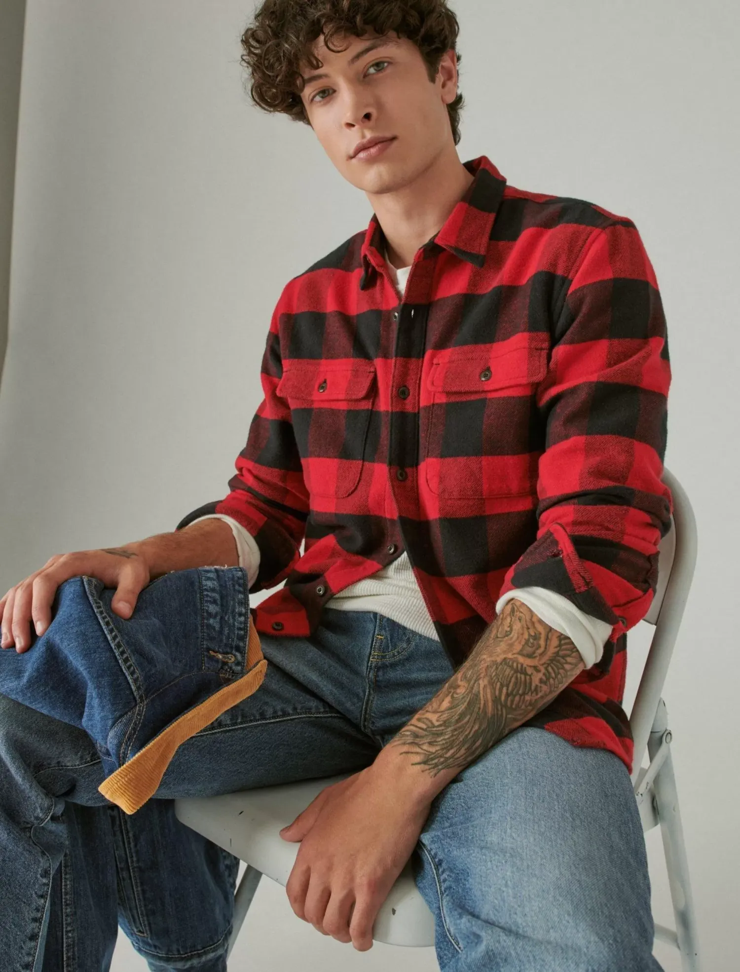 Lucky Brand plaid utility cloud soft long sleeve flannel red/black plaid*MEN Button-Downs