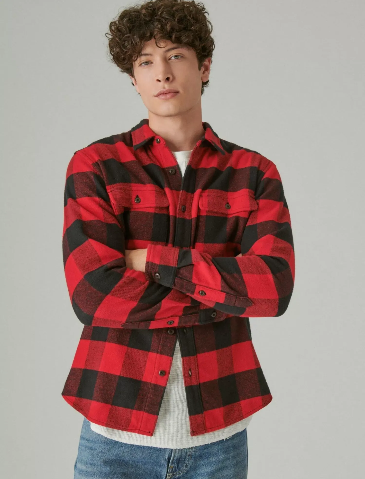 Lucky Brand plaid utility cloud soft long sleeve flannel red/black plaid*MEN Button-Downs