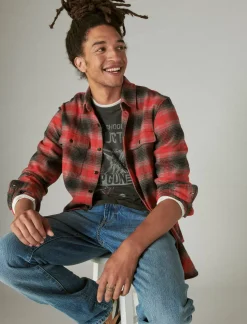 Lucky Brand plaid utility cloud soft long sleeve flannel red charcoal*MEN Button-Downs