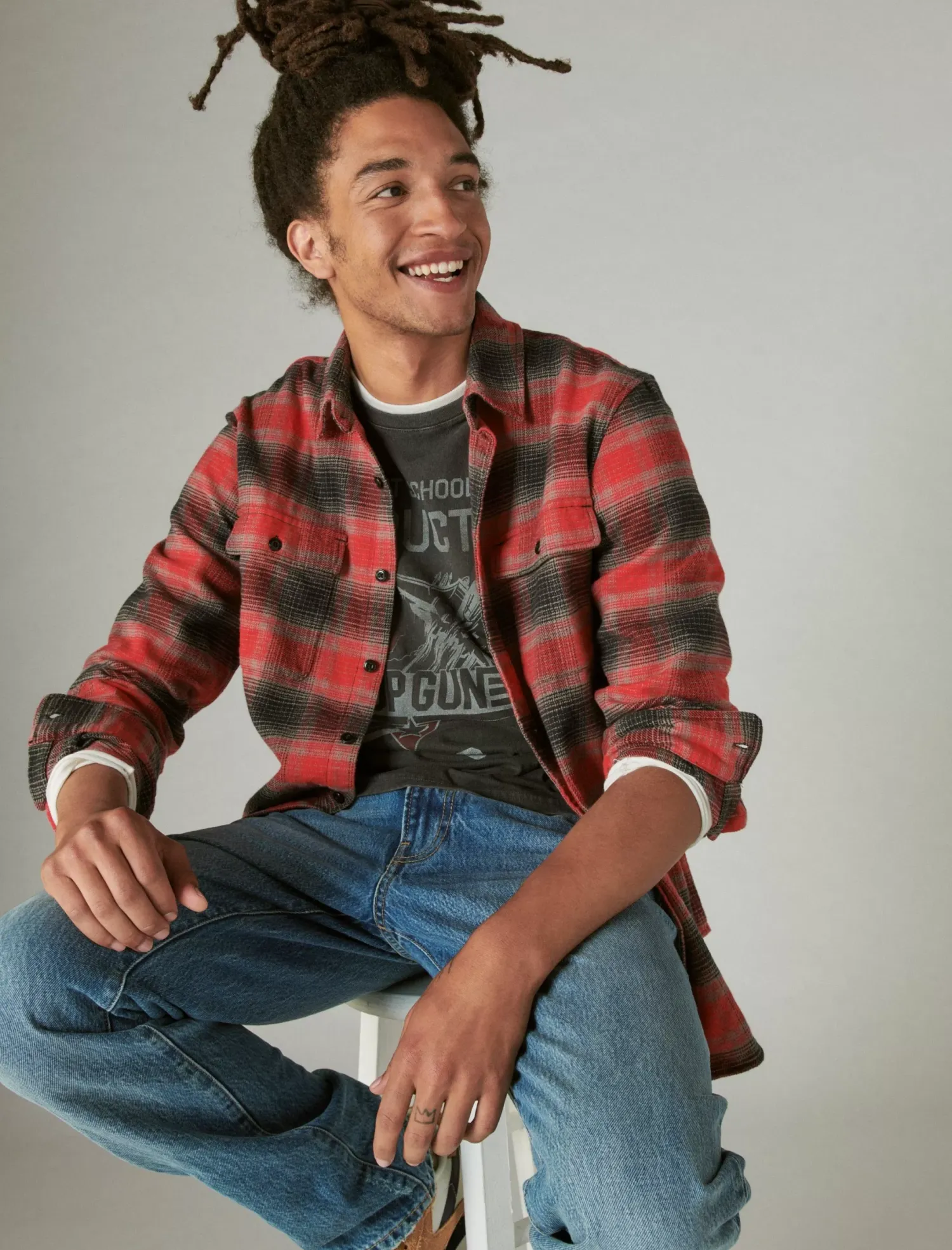 Lucky Brand plaid utility cloud soft long sleeve flannel red charcoal*MEN Button-Downs