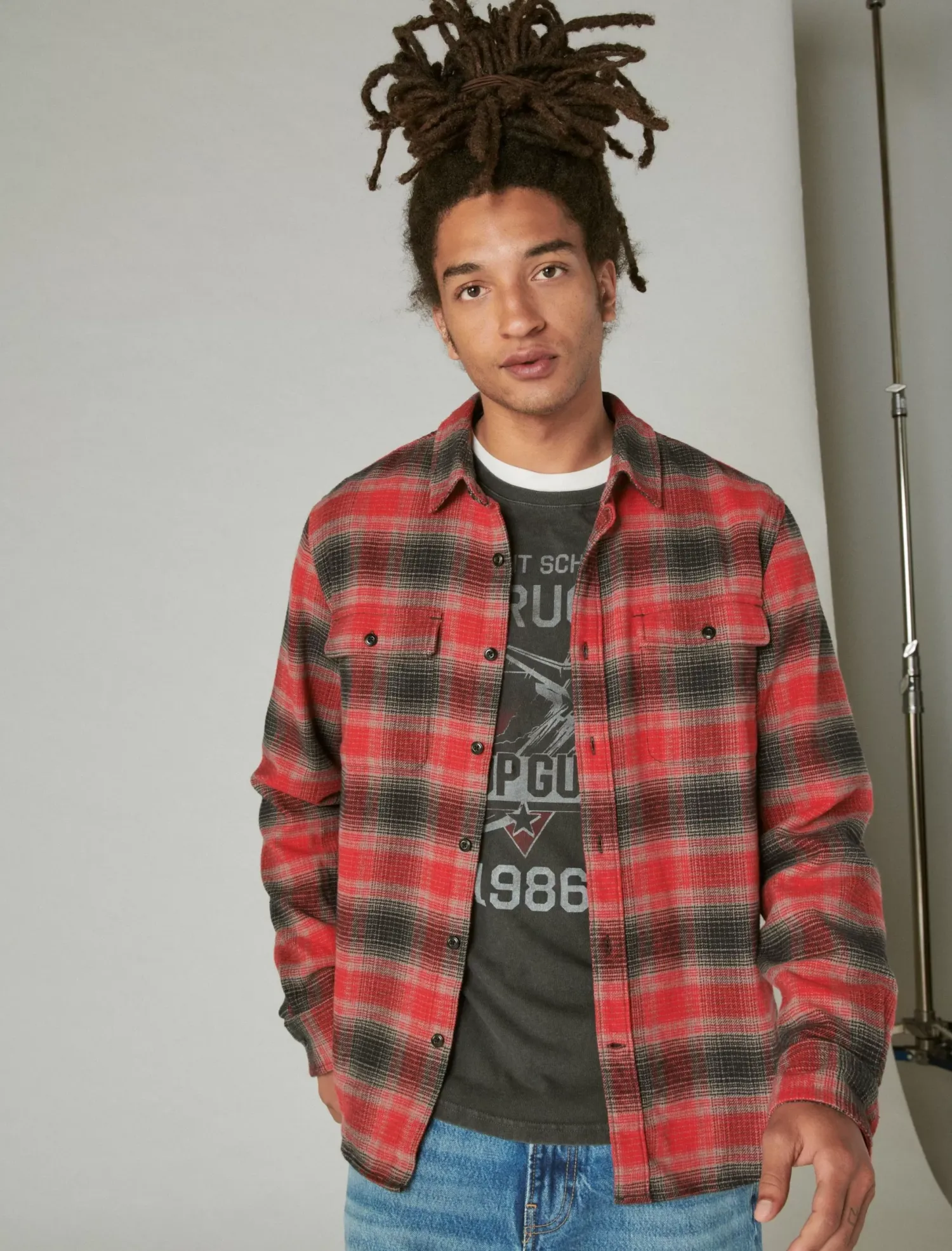 Lucky Brand plaid utility cloud soft long sleeve flannel red charcoal*MEN Button-Downs