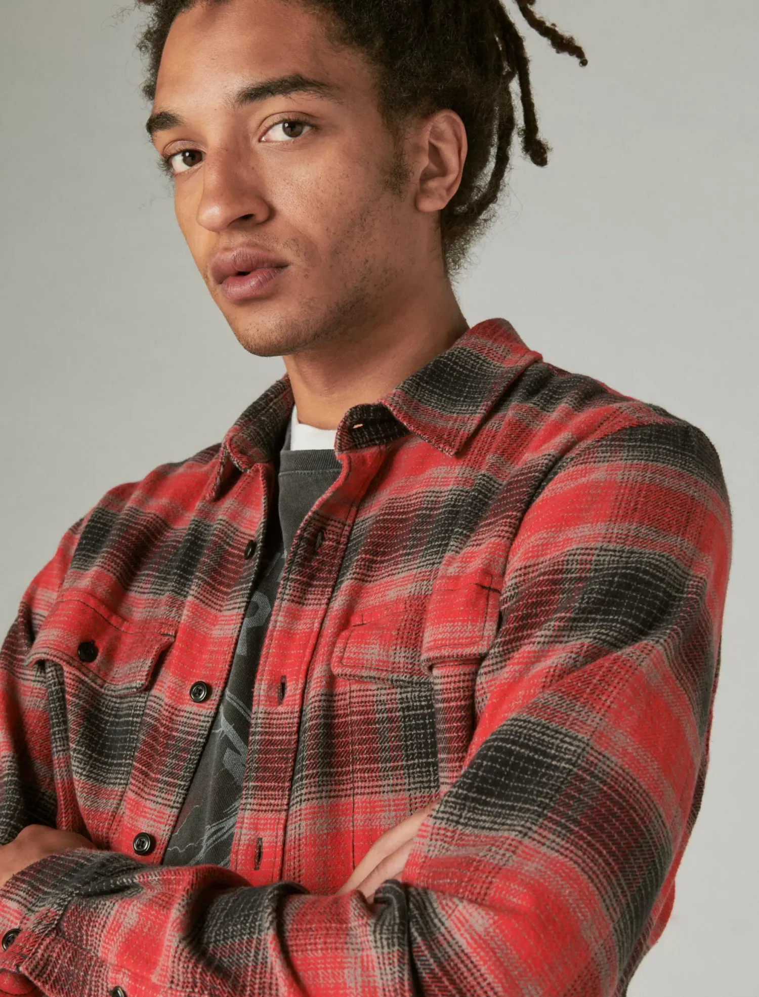 Lucky Brand plaid utility cloud soft long sleeve flannel red charcoal*MEN Button-Downs