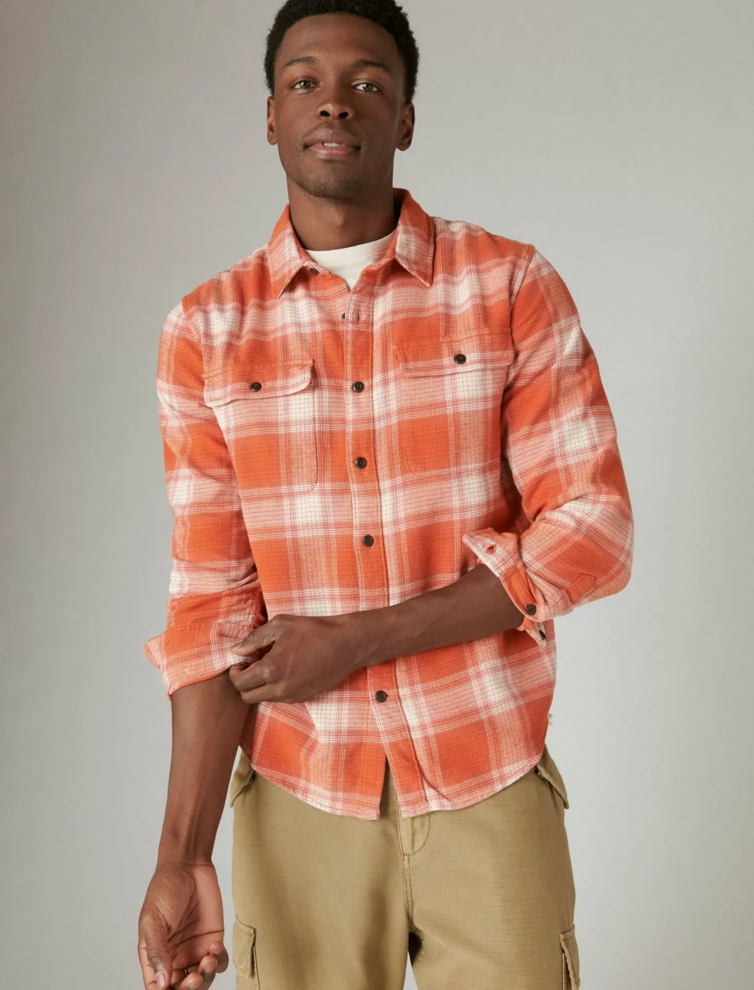 Lucky Brand plaid utility cloud soft long sleeve flannel red/white plaid*MEN Button-Downs