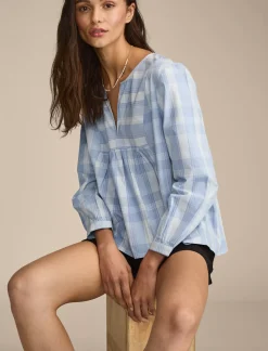 Lucky Brand prep peasant blouse sky blue plaid*WOMEN Blouses
