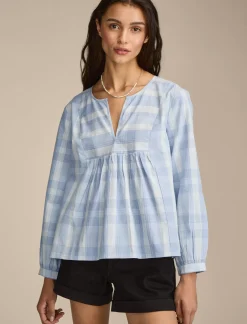 Lucky Brand prep peasant blouse sky blue plaid*WOMEN Blouses