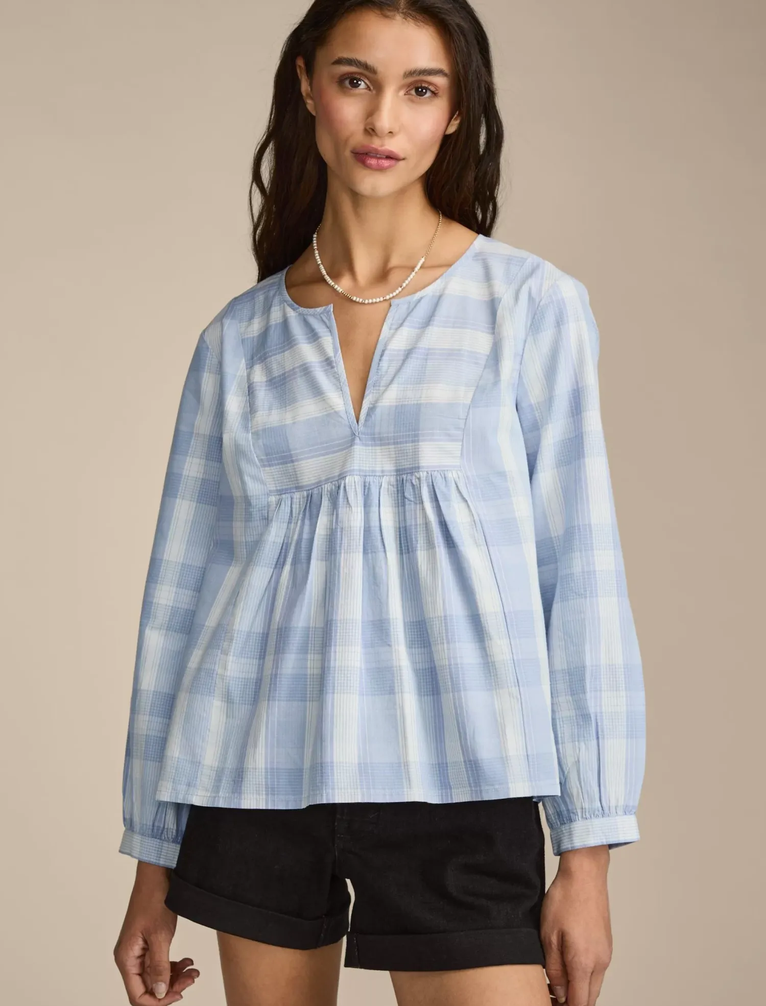 Lucky Brand prep peasant blouse sky blue plaid*WOMEN Blouses