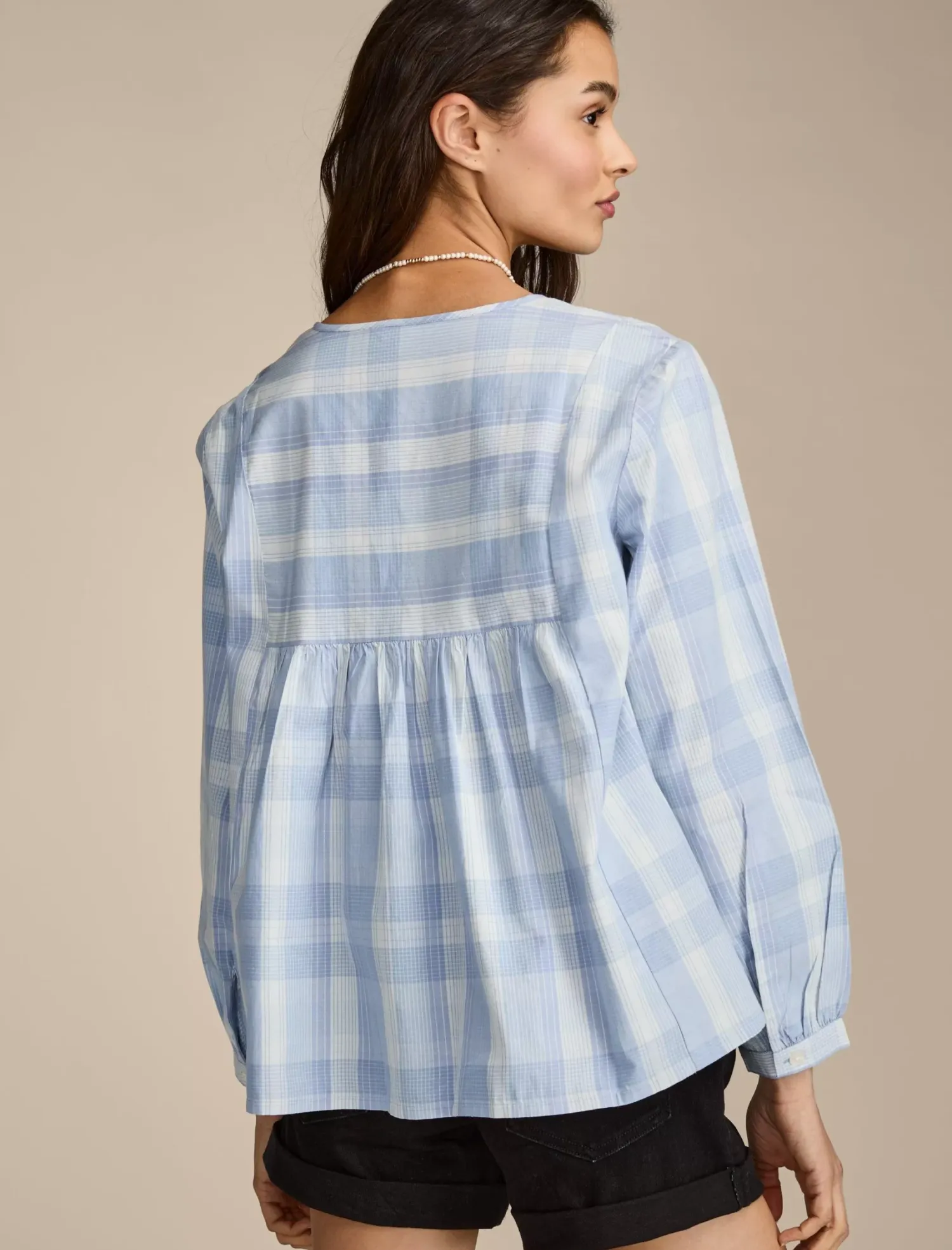 Lucky Brand prep peasant blouse sky blue plaid*WOMEN Blouses