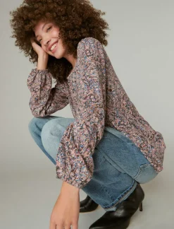 Lucky Brand printed babydoll top misty rose paisley*WOMEN Knit Tops|Blouses