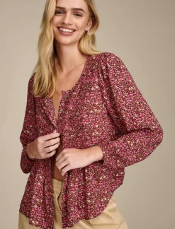 Lucky Brand printed button down pintuck top rum raisin*WOMEN Blouses