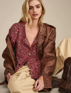 Lucky Brand printed button down pintuck top rum raisin*WOMEN Blouses