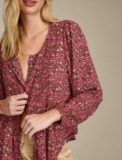Lucky Brand printed button down pintuck top rum raisin*WOMEN Blouses
