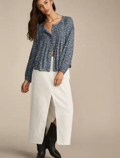 Lucky Brand printed button down pintuck top indigo multi*WOMEN Blouses
