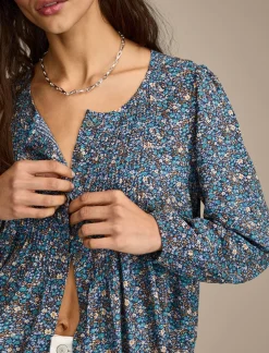 Lucky Brand printed button down pintuck top indigo multi*WOMEN Blouses