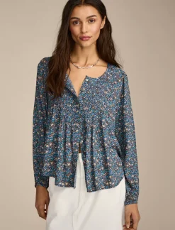 Lucky Brand printed button down pintuck top indigo multi*WOMEN Blouses