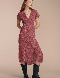 Lucky Brand printed button front midi dress rum raisin multi*WOMEN Dresses