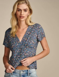 Lucky Brand printed button front top indigo multi*WOMEN Blouses