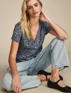 Lucky Brand printed button front top indigo multi*WOMEN Blouses