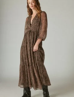 Lucky Brand printed shine chiffon maxi dress asphalt multi*WOMEN Dresses