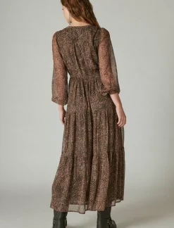 Lucky Brand printed shine chiffon maxi dress asphalt multi*WOMEN Dresses
