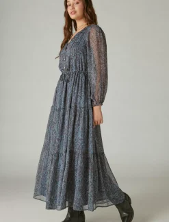 Lucky Brand printed shine chiffon maxi dress flint stone multi*WOMEN Dresses