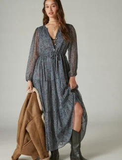 Lucky Brand printed shine chiffon maxi dress flint stone multi*WOMEN Dresses
