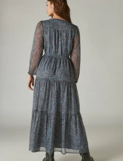 Lucky Brand printed shine chiffon maxi dress flint stone multi*WOMEN Dresses
