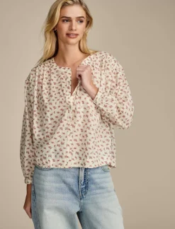Lucky Brand printed smocked detail blouse egret multi*WOMEN Blouses