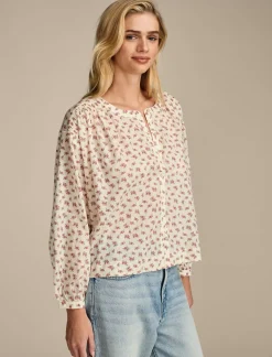Lucky Brand printed smocked detail blouse egret multi*WOMEN Blouses