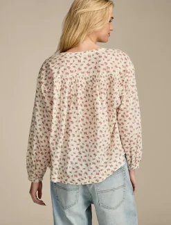 Lucky Brand printed smocked detail blouse egret multi*WOMEN Blouses