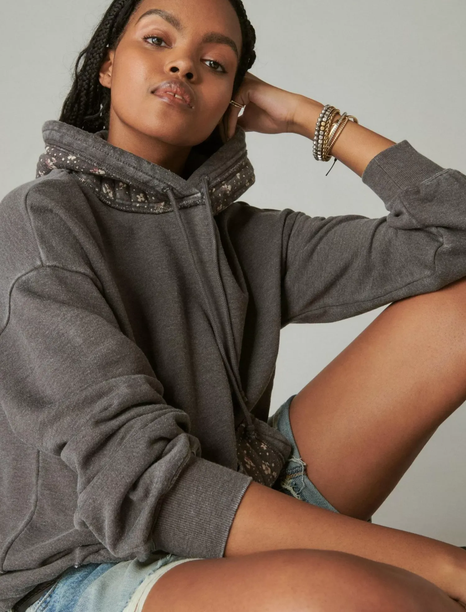 Lucky Brand quilted patchwork hoodie raven multi*WOMEN Activewear