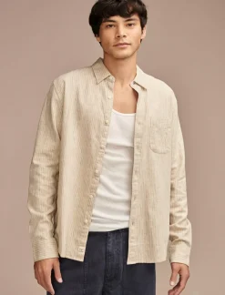 Lucky Brand railroad stripe linen one pocket long sleeve shirt natural stripe*MEN Button-Downs